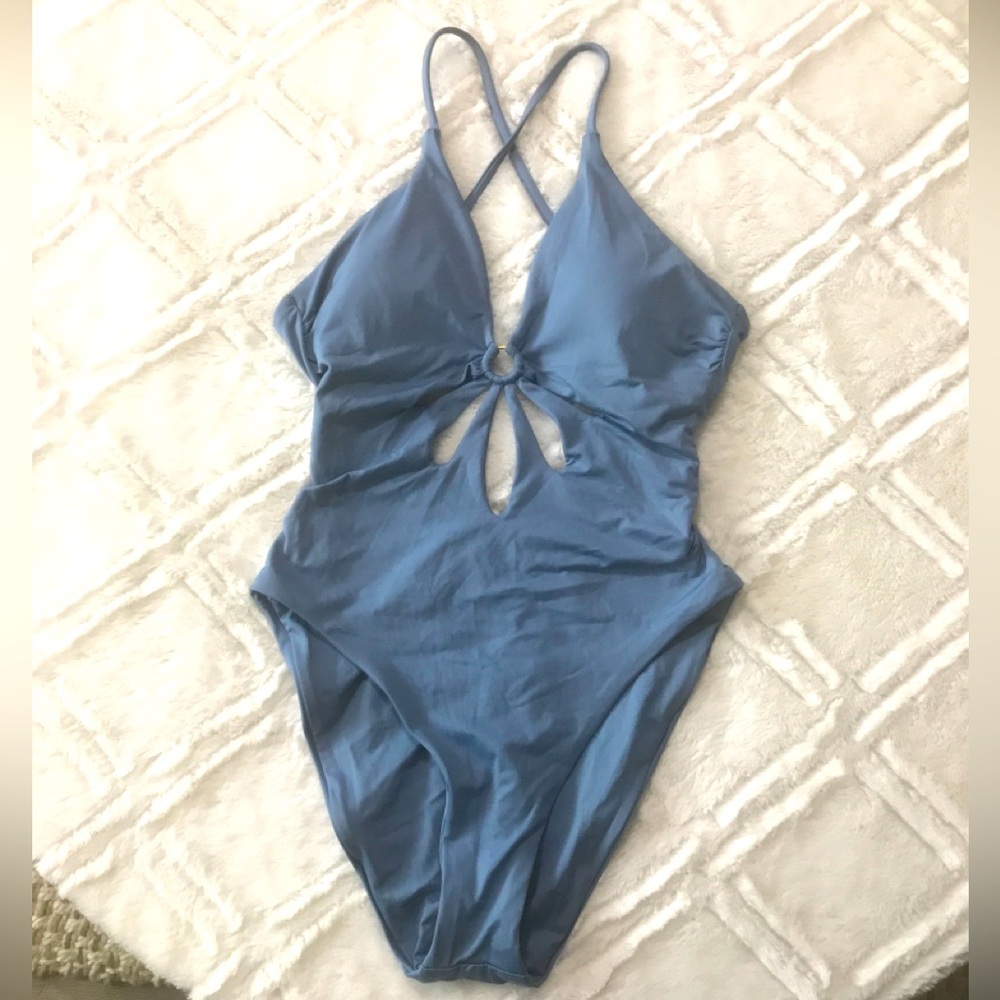 ISABELLA ROSE Plunge Cut Out Grommet Open One-Piece Swimsuit Blue Dusk Sz S NWT